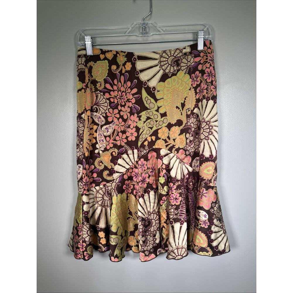 VTG Trina‎ Turk Silk Skirt Size 2 Floral Brown Pink Festival Y2K USA Made